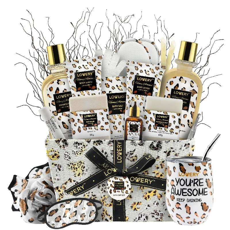 Lovery Home Spa Kit in Honey Almond Scent - Leopard Luxury Gift Basket - 21 pcs