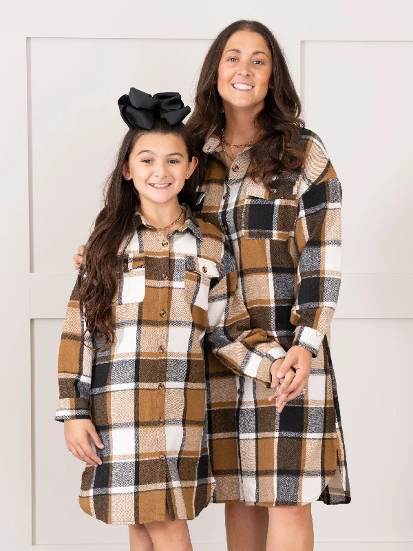 Mom & Me Long Flannel Shacket - Brown & Black Plaid