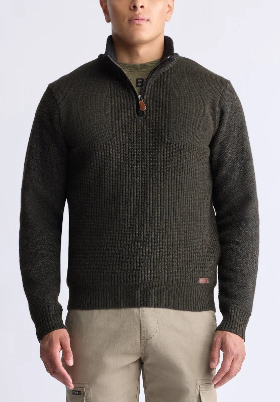 Werneck Men's Quarter-Zip Ribbed Knit Sweater, Army Green - BPM14177