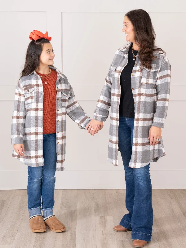 Mom & Me Long Flannel Shacket - Grey Plaid