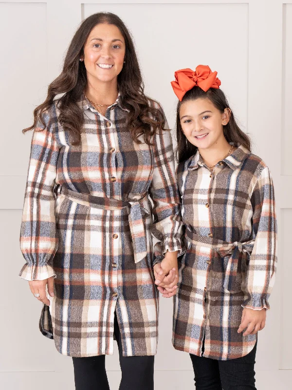 Mom & Me Long Flannel Tunic - Dark Brown & Rust Plaid