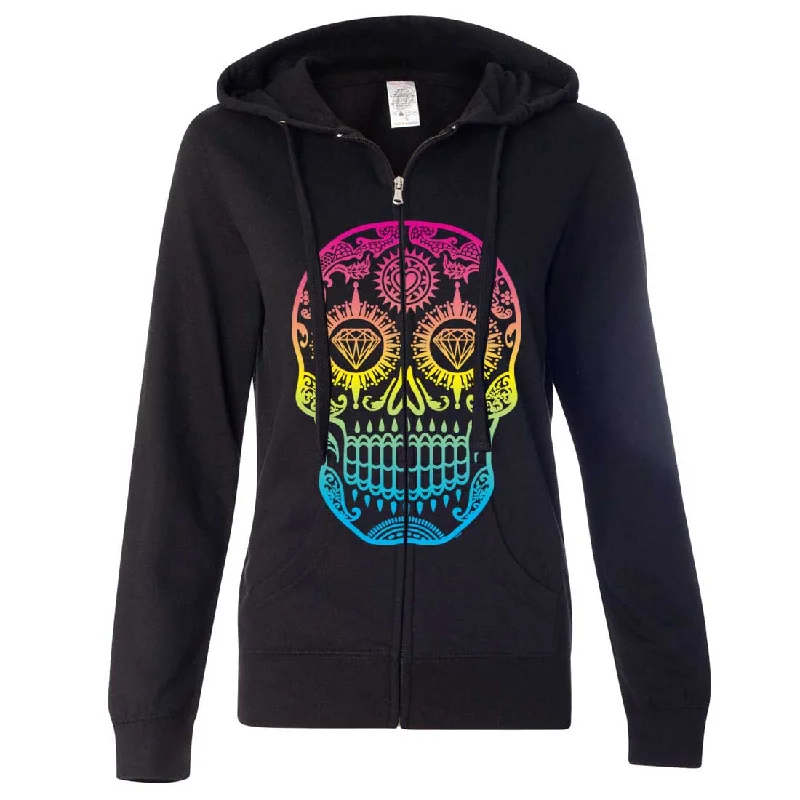 Neon Diamond Eyes Smiling Sugar Skull Ladies Zip-Up Hoodie