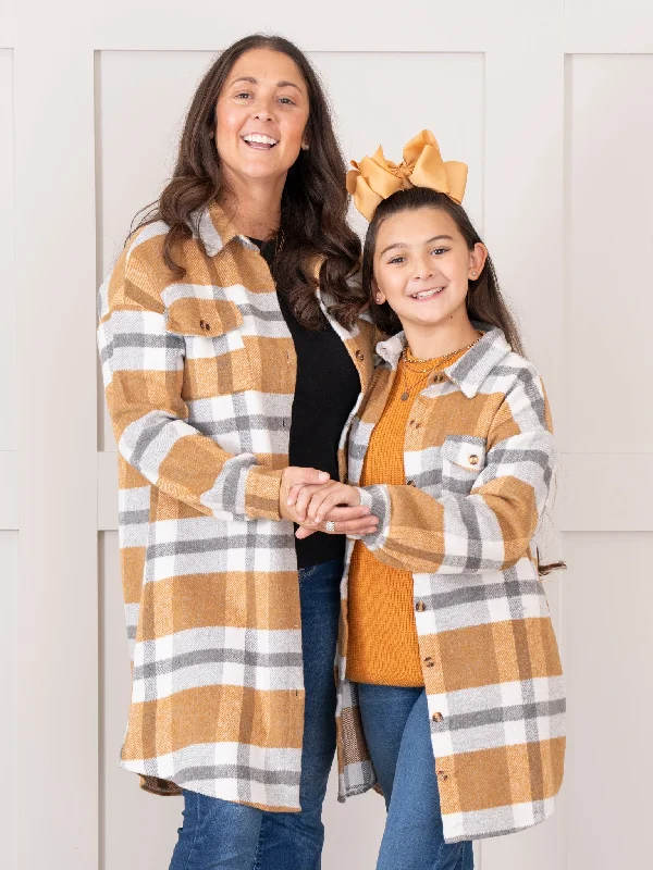 Mom & Me Long Flannel Shacket - Mustard & Grey Plaid