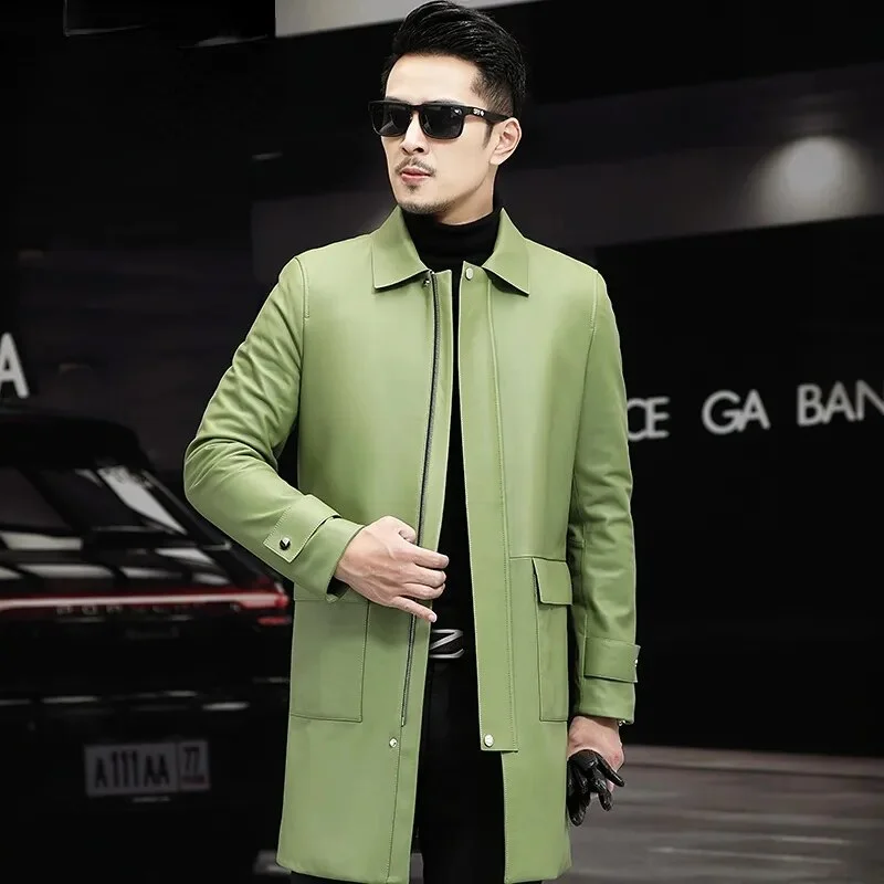 Men's Casual Solid Genuine Leather Lapel Zipper Windbreaker Coat