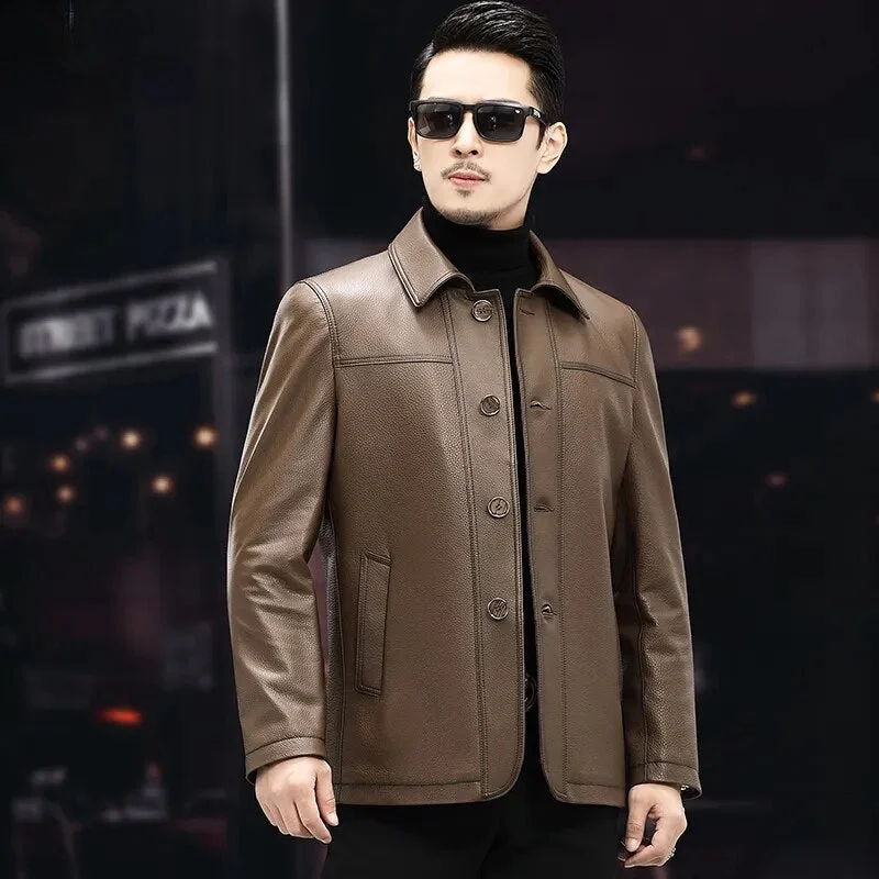 Men’s Casual Real Cowhide Single-Breasted Lapel Motorcycle Street Jacket