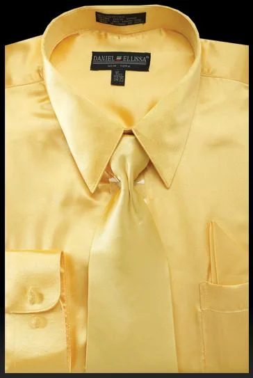 Men's Light Gold Satin Dress Shirt with Tie & Handkerchief - Outlet