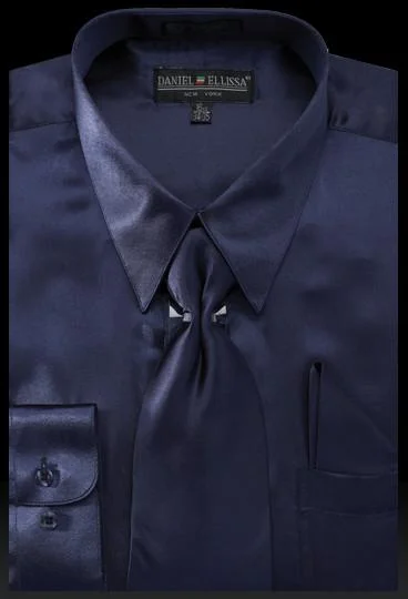 Men's Navy Blue Satin Dress Shirt with Tie & Handkerchief