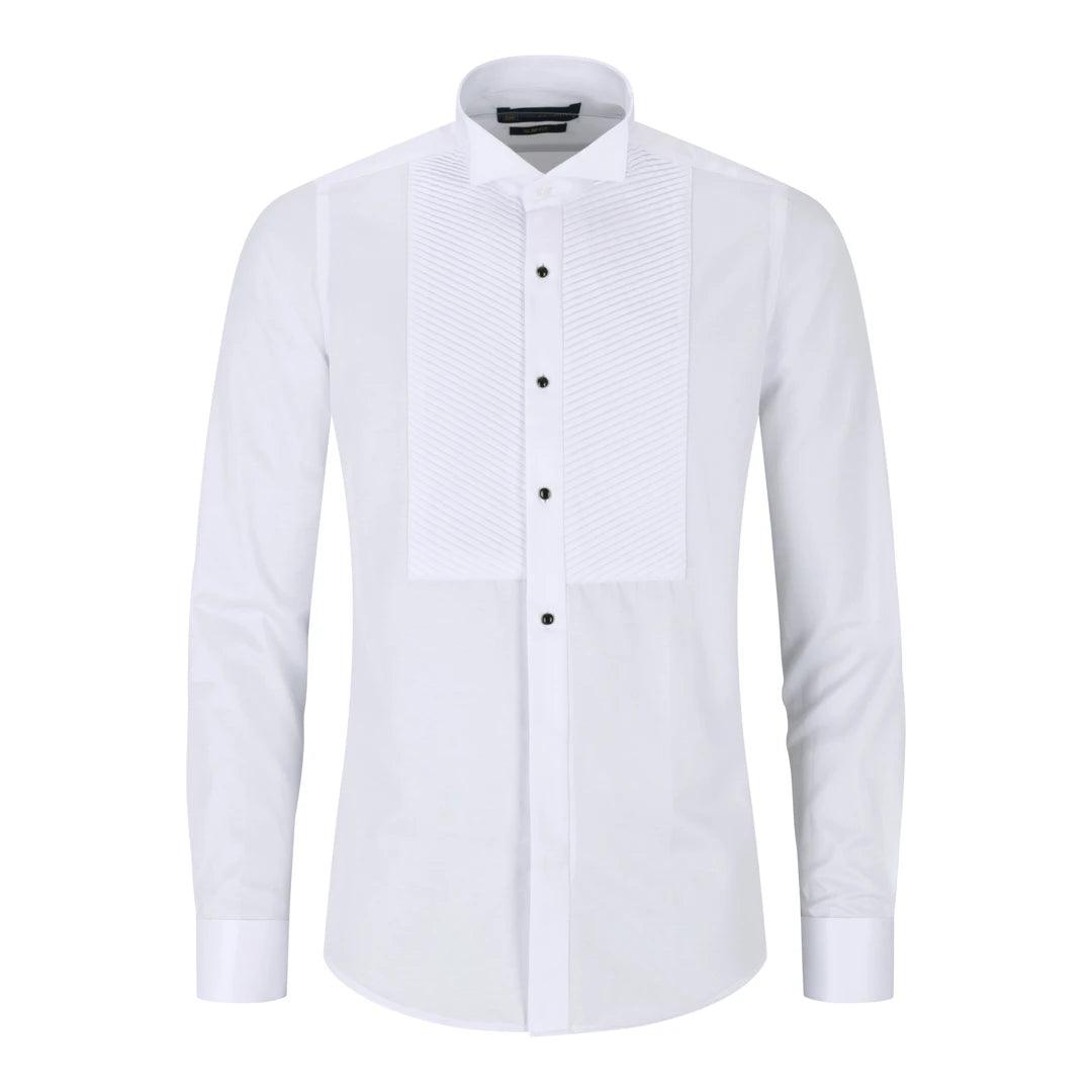 Mens Wing Collar White Shirt Pleated Tuxedo Double Cuff Slim Fit Satin Cotton