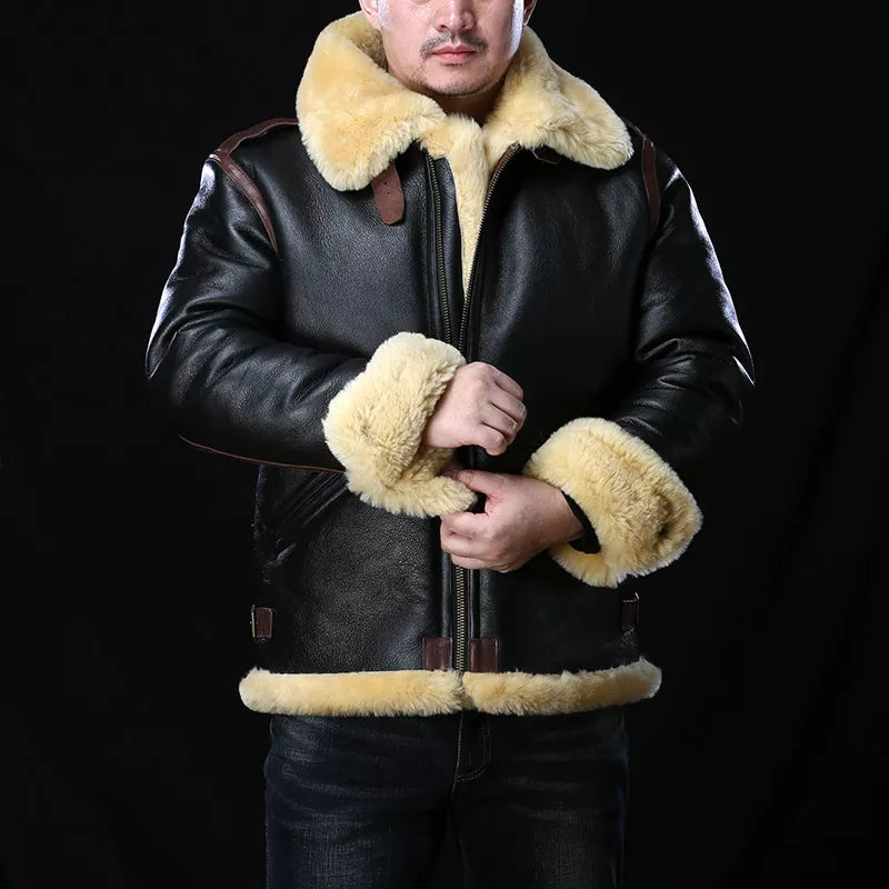 Men's Winter Super Warm Sheep Leather Big Shearling Fur Military Jacket