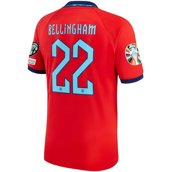 Nike England Jude Bellingham Away Jersey 22/23 w/ Euro Qualifier Patches (Challenge Red/Blue Void)