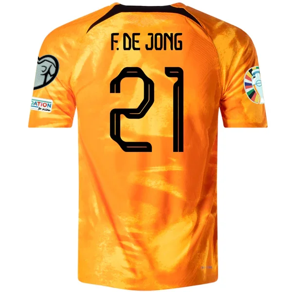 Nike Netherlands Frenkie De Jong Home Match Authentic Jersey w/ Euro Qualifying Patches 22/23 (Laser Orange/Black)