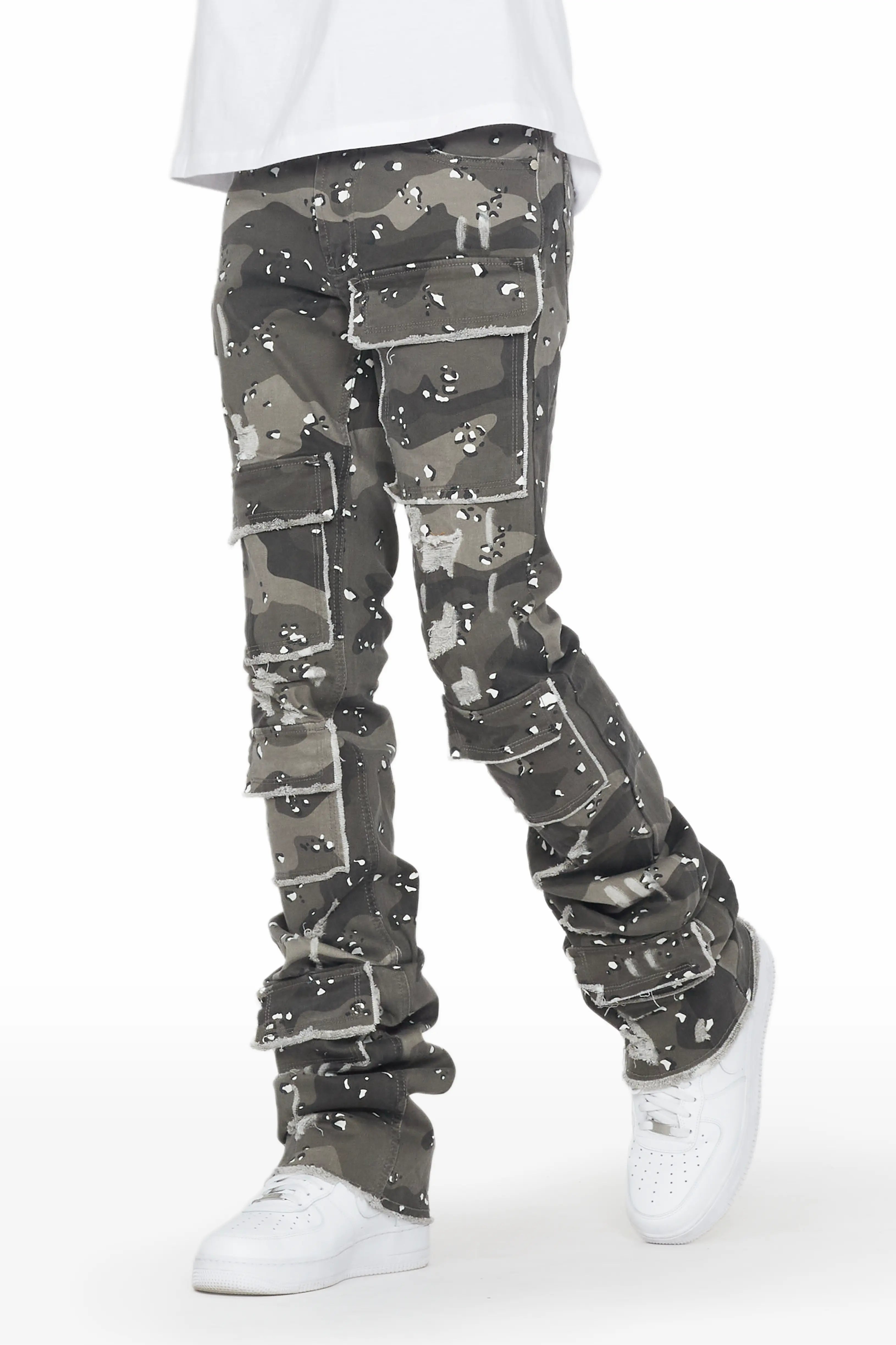 Petrus Grey Camo Super Stacked Flare Jean