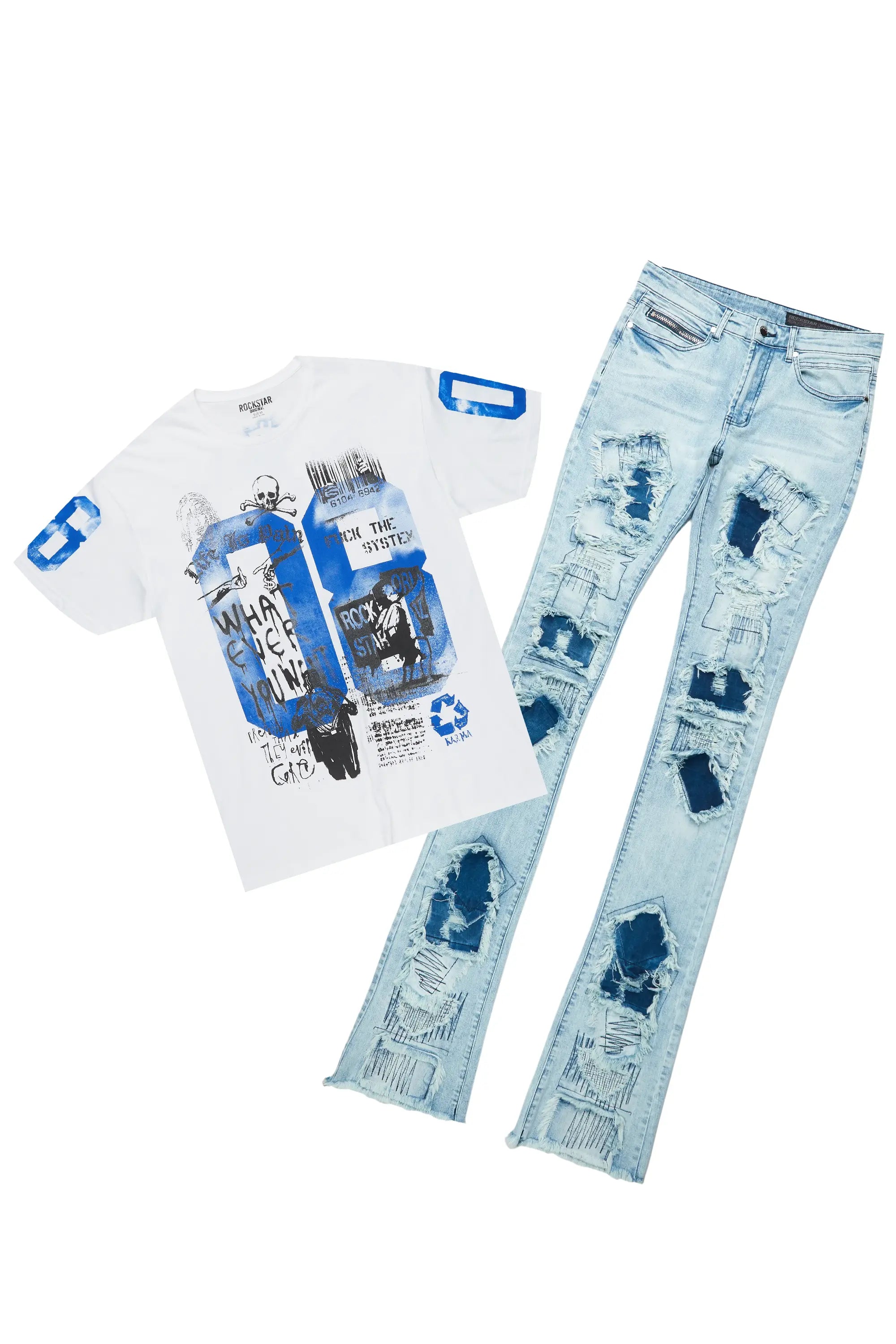 Grill White/Blue T-Shirt & Camden Super Stacked Flare Jean Bundle