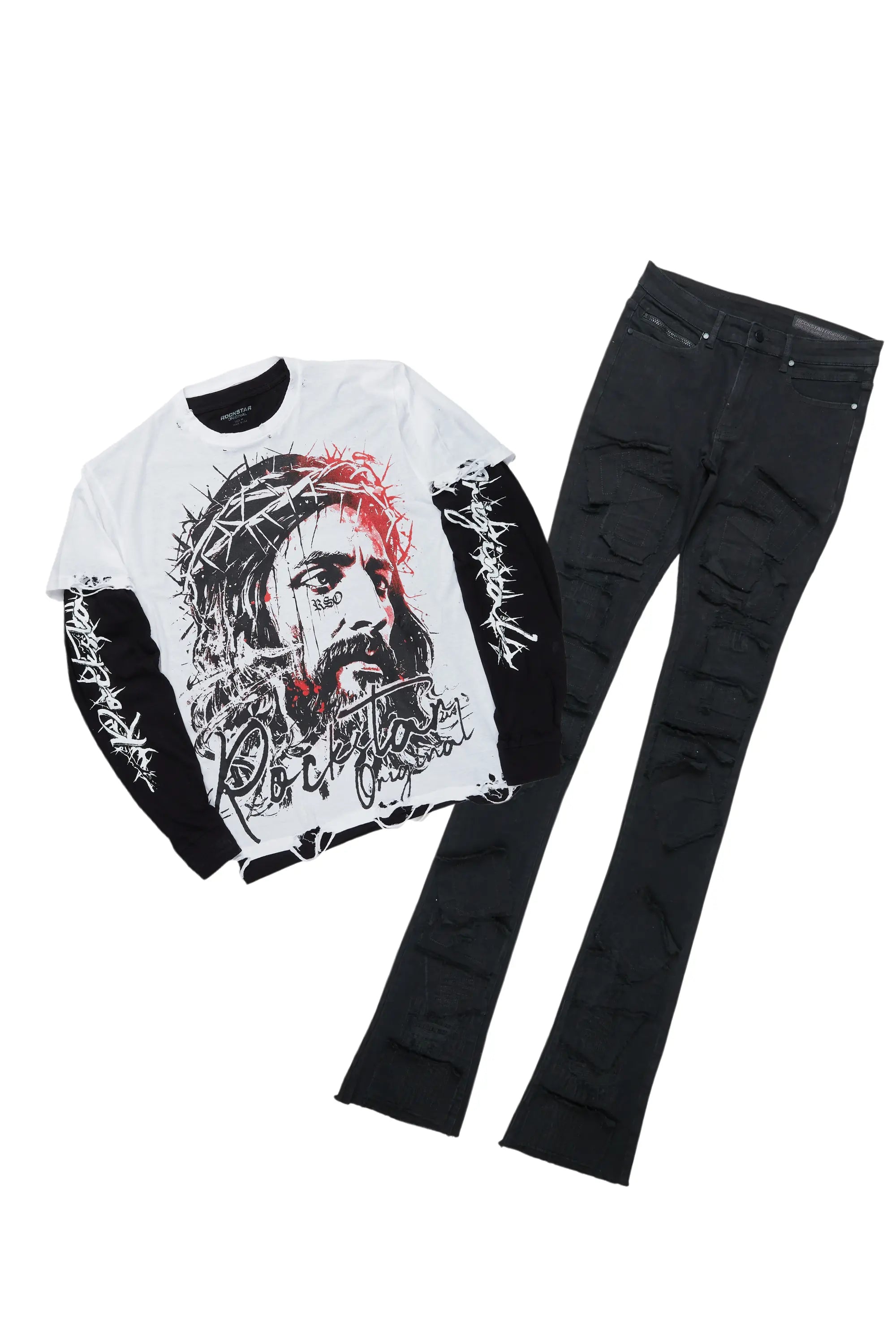 Bedros White/Black Double Layer T-Shirt & Camden Super Stacked Flare Jean Bundle