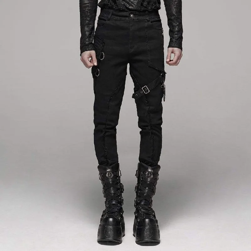 Men's Goth Ripped Straps Skinny Denim Pants With Waist Chain